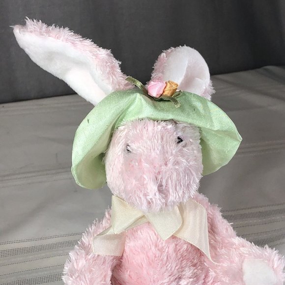 Pink Bunny Rabbit Stuffed Pellets Animal Plush 7"- 12" toy W/ Green Easter Hat - Picture 3 of 8